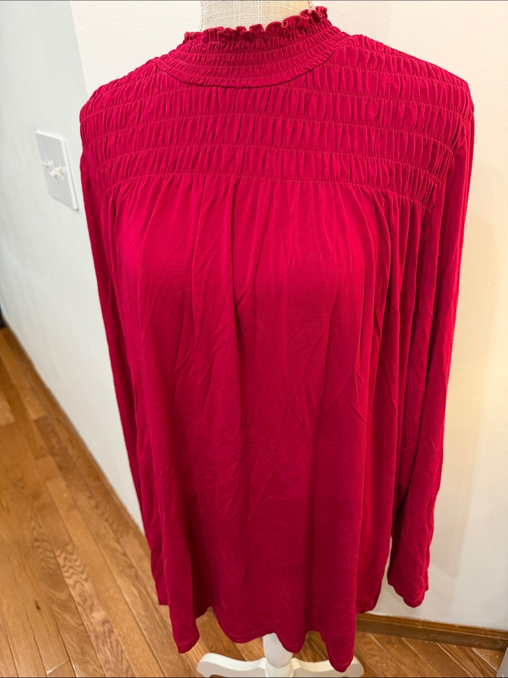 Susan Graver Women's Red Smocked Yoke Long Sleeve shirt